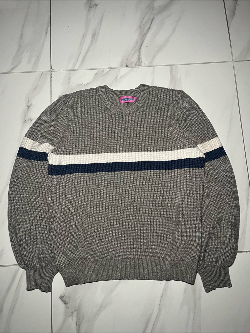 Edikted Men's Gray Knit Sweater with White & Navy Stripe- Size M/L